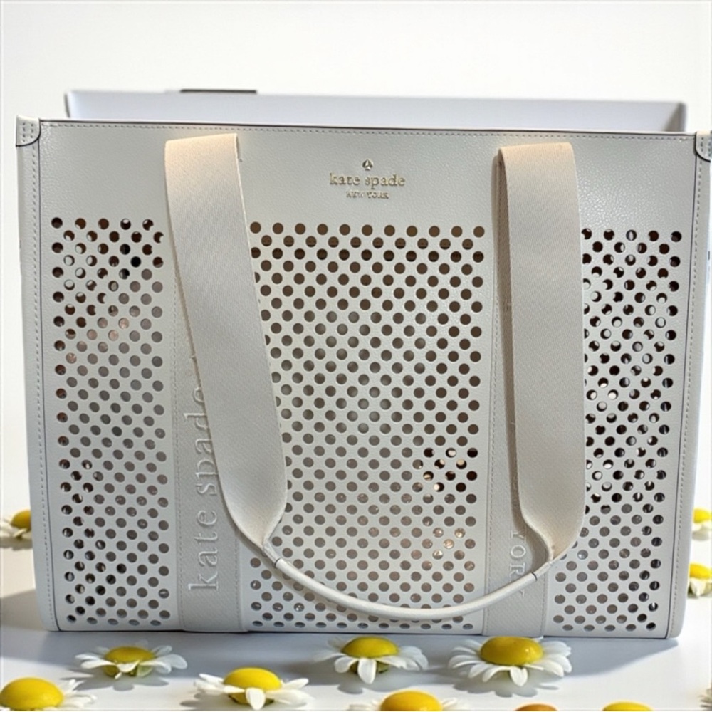 KATE SPADE Leather Tote Bag Satchel Handbag Perforated Logo CREAM NWT NEW